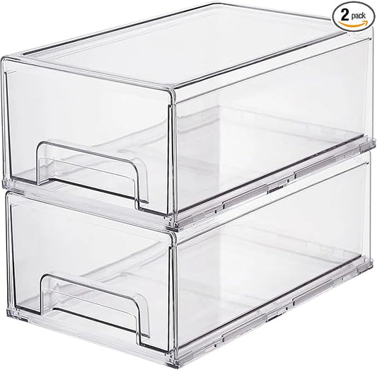 Clear Plastic Stackable Storage Drawers Bins, Perfect for Kitchen Pantry Organization and Storage, Under Sink Organizer, Pull Out Cabinet Organizer, Makeup, Bathroom Storage Containers for Organizing