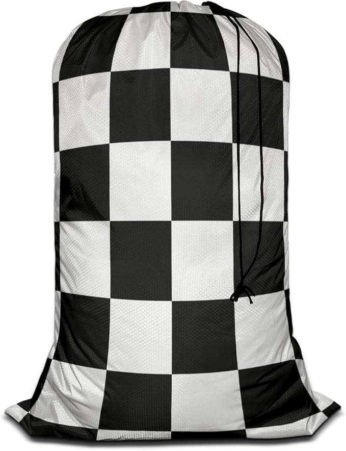 Swono Laundry Bag Drawstring Closure, Plaid Chess Board Black White Heavy Duty Laundry Portable for Home Dorm Room Essentials for Travel Camp, Oxford Cloth 28x40 Inch