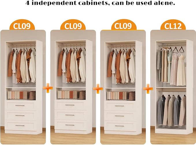 Closet System with 4 Sets, 8FT Closet Organizer Systems with 9 Wooden Drawers & 9 Hanging Rods, Walk in Closet Standalone Corner Closet System Modular Closet System White (8FT)