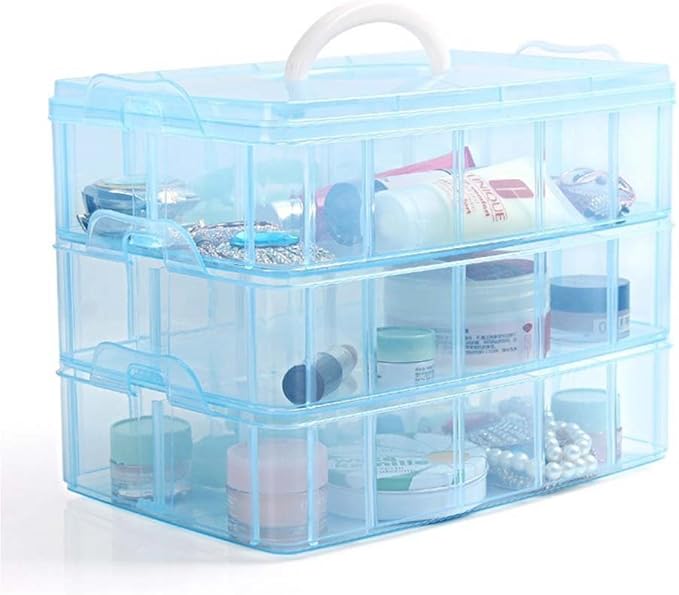 Kamay's 3-Tier Transparent Stackable Adjustable Compartment Slot Plastic Craft Storage Box Organizer Snap-Lock Tray Container 3 Sizes 4 Candy Colors Available (Large 30 Compartment, Blue)