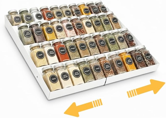 GOENDR Spice Drawer Organizer, 4-Tier Metal Spice Rack for Drawer, Expandable Seasoning Organizer Fits 11.4-22.8” Wide Drawer, Holds up to 48 Spice Jars (Not Included), White