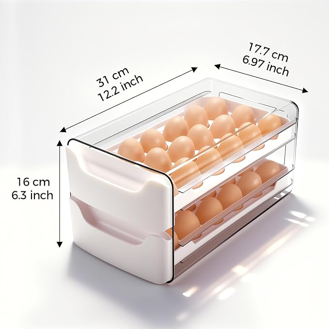 36-Egg-Holder for Fridge, Egg-Storage for Refrigerator Countertop, 2 Tier Dispenser with Drawer, Stackable Clear Egg Tray Container, Egg Organizer, Fits Large Eggs, White