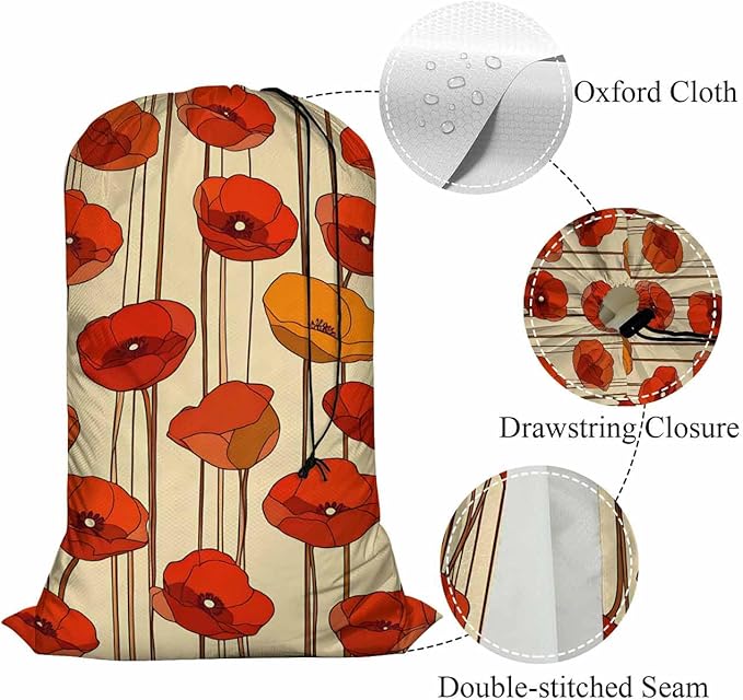 Swono Poppies Drawstring Laundry Bag Floral Pattern Bouquet Blooming Plant Oversize Storage/Travel Bag for Home or College - Measures 28 x 40 inches, Red