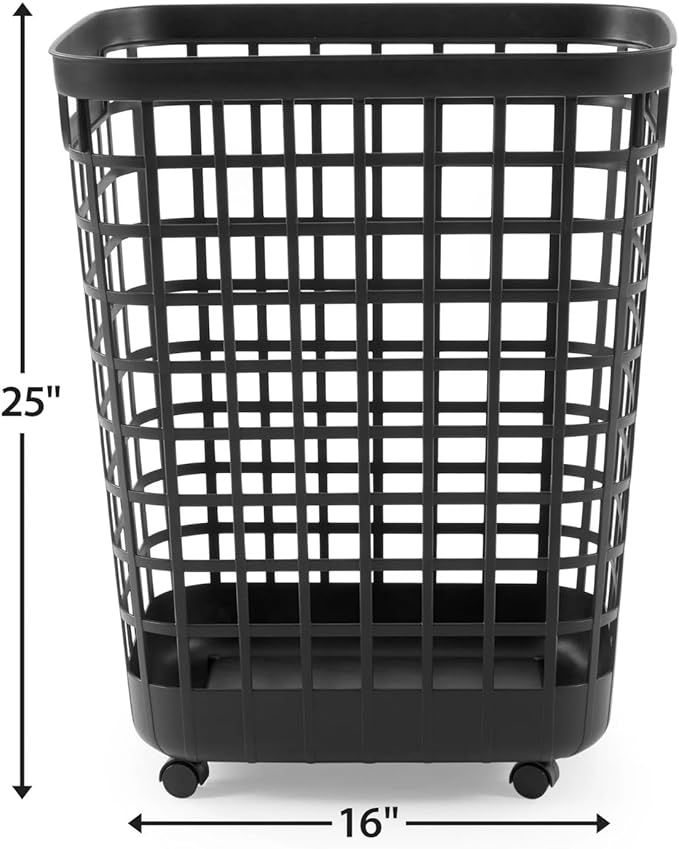 Rolling Laundry Hamper with Smooth-Glide Wheels, 2.6 Bushel Large Capacity Plastic Clothes Basket, Tall Ventilated Open-Top Bin for Easy Access, No Assembly Required Space Saving Storage, Black
