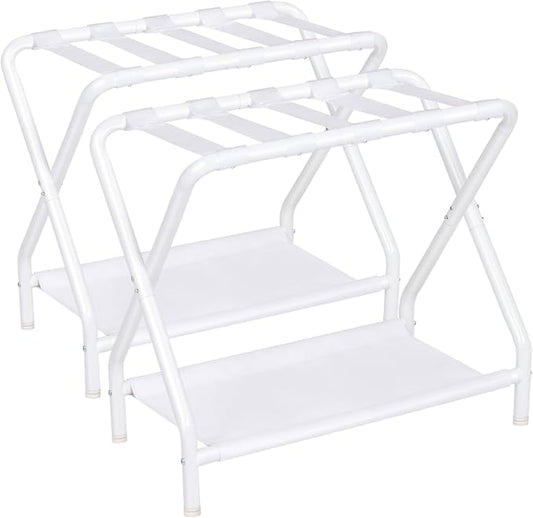 AMHANCIBLE Luggage Rack, Set of 2, Foldable Suitcase Stands for Guest Room, Metal Luggage Holder with Storage Shelf for Bedroom, Hotel, Easy Assemble, White HLR02WT