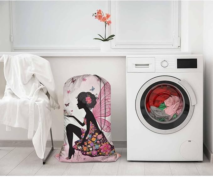 Swono Extra Heavy Duty Laundry Bag Butterfly Girl Fairy, Cartoon Flower Magic Silhouette X-Large Dirty Clothes Drawstring Bag, Washable Laundry Liner for Hamper, Ideal for Camp, Travel