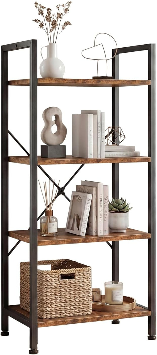 DUMOS 4 Tiers Bookshelf, Classical Book Shelf, Tall Display Shelves in Living Room/Home/Office, Storage Organizer for CDs/Books/Movies, Brown