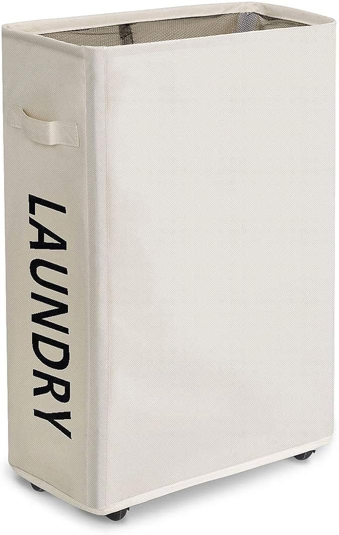 ZERO JET LAG Slim Laundry Hamper with Wheels, Small Laundry Basket for clothes, Rolling Skinny Hampers for Bedroom, Dorm and Laundry Room - 52L Standable Corner Design, (22" Printed Beige)