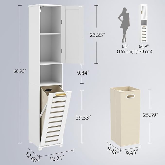 VECELO 66'' Tall Tilt Out Laundry Hamper Cabinet, Hidden Laundry Hamper with Removable Storage Basket, Open Shelf and Mirror, for Laundry Room Bathroom, White