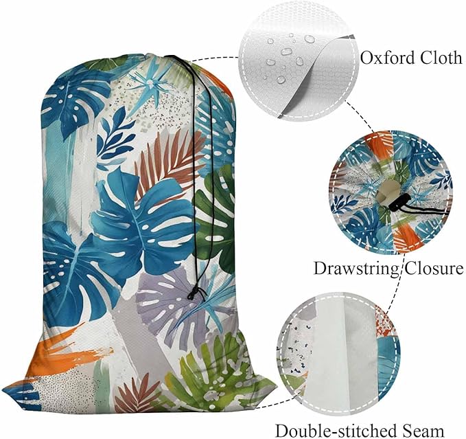 Swono Tropical Leaf Large Laundry Collapsible Laundry Bag Summer Exotic Brush Strokes Foldable Laundry Hamper Bag, Machine Washable, Oxford Cloth, Colorful
