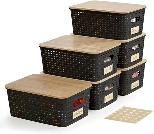Bagnizer Small Plastic Storage Bins with Bamboo Lids 5.2qt Stackable Box Basket Pantry Decorative Containers Cute with Lable for Organizing Desktop Closet Office Black of 6 packs 10 * 7.2 * 4.1'’