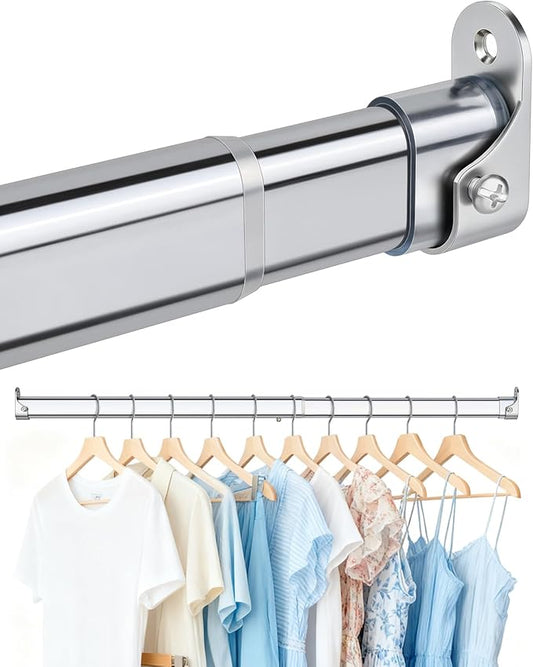 Premium Chrome Oval Closet Rod for Hanging Clothes 18.2 to 31 Inch, Includes End Supports, Adjustable Wardrobe Tube, Heavy Duty Extendable Closet Pole, Carbon Steel