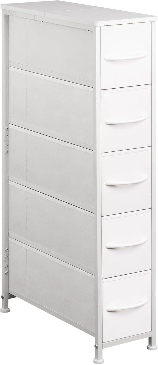 Narrow Dresser Storage Tower with 5 Drawers, Slim Dresser Chest of Drawers with Steel Frame, Wood Top, Dresser for Bedroom, Bathroom, Small Spaces, Laundry, Closet, White