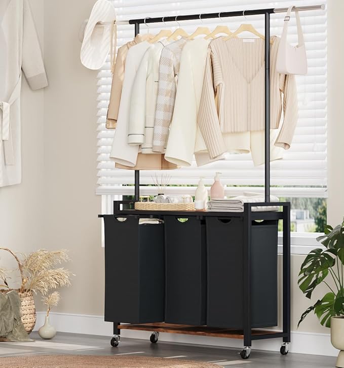 3-Section Laundry Sorter with Shelf, Rolling Laundry Basket with Hanging Rack and Wheels, Heavy Duty Laundry Hamper Rack for Laundry Room, Bedroom, Bathroom, Black