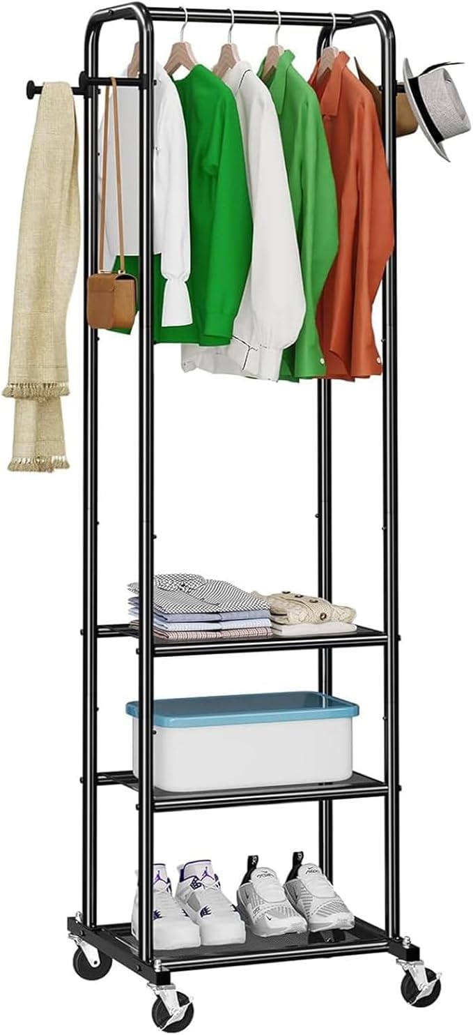 Ekisemio Heavy Duty Clothing Rack with Wheels, Modern Garment Rack with 3 Metal Shelves, Black