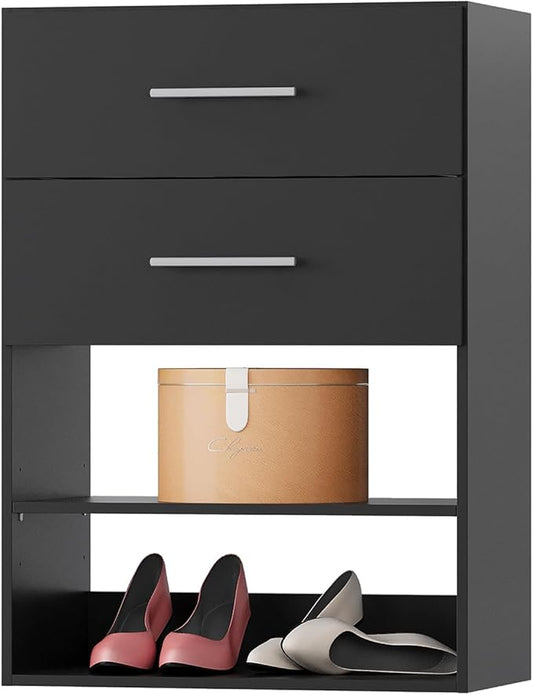 2 Drawer Short Tower Closet Unit, Modular Closet System, Wood Closet System Organizer with Storage for Walk In Closets, Clothing Rack Closet for Hanging Clothes, Bedroom, Black, 31.5"W