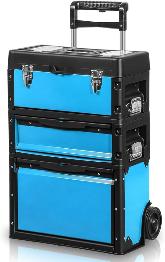 Magshion Heavy-Duty Rolling Tool Box, 3-Tier Stackable Tool Chest System with Wheels & Drawers, Modular Organizer for Small Parts and Tools, Mobile Garage Workshop Storage in Black/Blue
