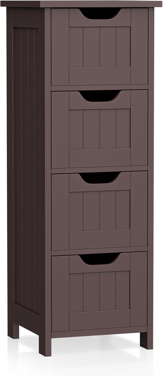 SUPER DEAL Small Bathroom Storage Cabinet with 4 Drawers, Freestanding Narrow Wooden Side Storage Organizer for Bathroom Hallway Living Room, Brown