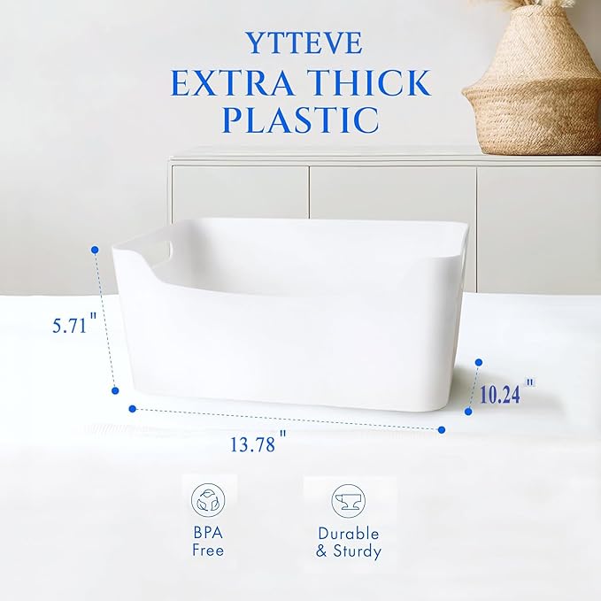 2 Pack Large Plastic Storage Bins with Handles, 13.7x10.2x5.7 Inch Stackable White Organizer Containers for Kitchen, Pantry, Closet, Bathroom, Office, Cabinet, Drawer, Snack, Toy & Makeup Organization