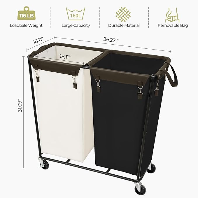 280L Rolling Laundry Basket With Wheels, Large Double Laundry Hamper With Wheels and Removable Bag, Wheeled Dirty Clothes Laundry Basket Organizer For Dorm, Bathroom, Laundry, MIX