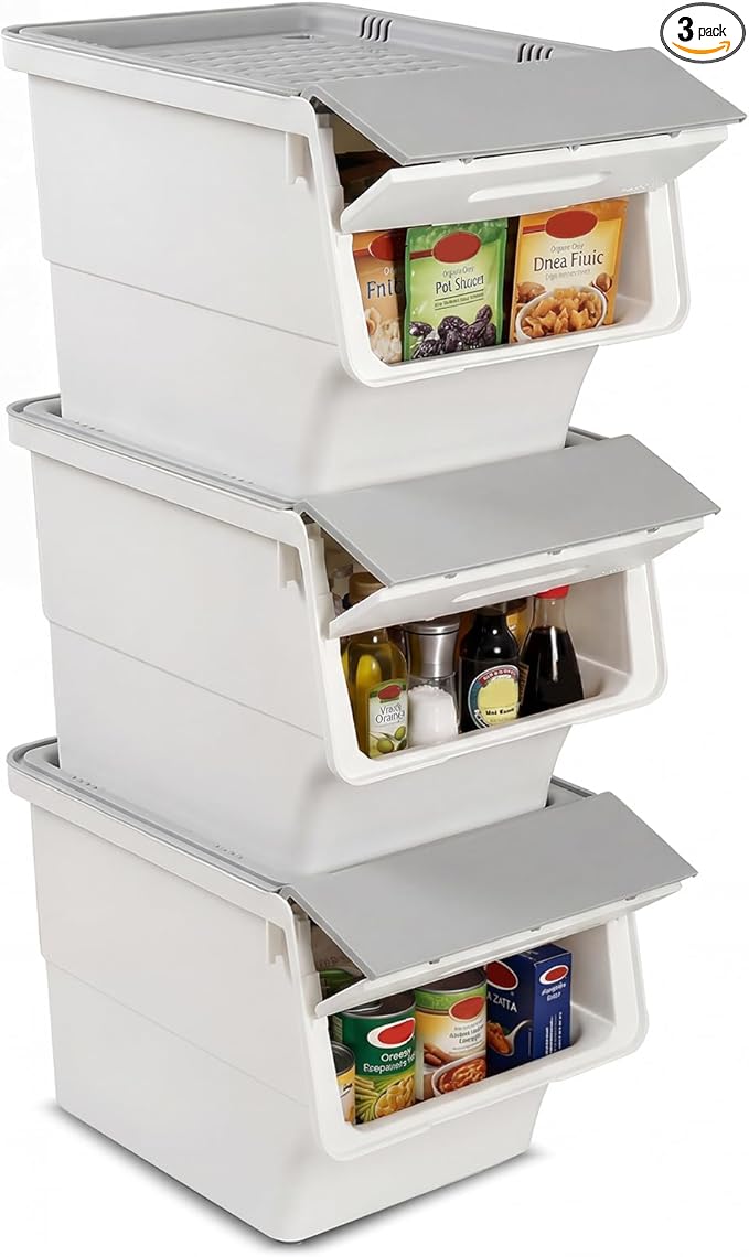 Giantex Plastic Stackable Storage Bins with Lids & Wheels, 3 Pack Open Front Stacking Bins, Organizer Bins for Pantry, Kitchen, Laundry, Closet, Playroom, Bedroom Organization （12.5 QT）
