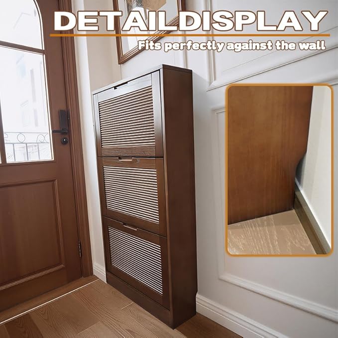 Solid Shoe Storage Cabinet with 3 Flip Drawers, Narrow Wood Shoe Organizer Cabinet with Fluted Panel, Slim Shoe Rack for Entryway, Freestanding Shoe Cabinet for Entryway Hallway Foyer ，Walnut