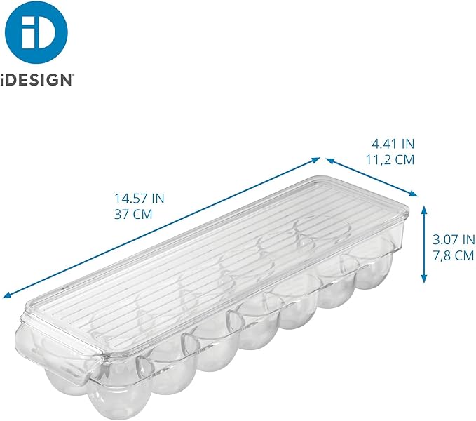 iDesign Minimalist Clear Plastic Recycled Egg Holder - Holds 14 Eggs - Fridge & Freezer - Portable Handle - Stackable - 14.6 x 4.3 x 3 inches