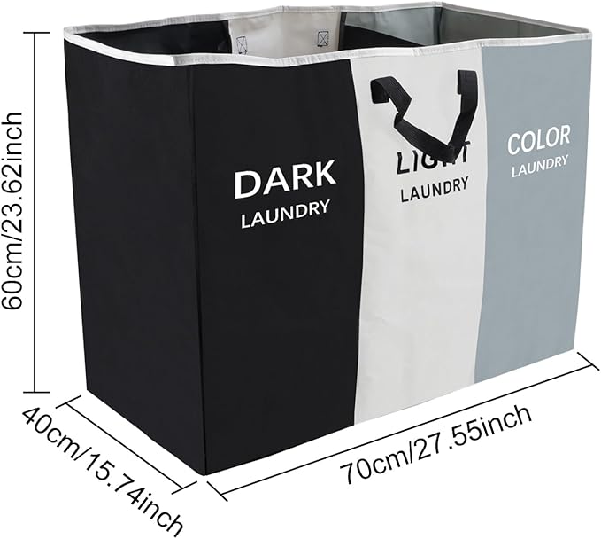 168L Laundry Hamper, Large Blanket Storage Basket Sorter 3 Section Bag Organizer for Dirty Clothes - Toys - Towel,15 X 23 X 28 inch Heavy Duty Laundry Cart Baskets (Black and white gray bag)