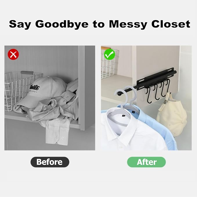 12" Valet Rod for Closet Pull Out, Retractable Slide Out Closet Valet Rod for Hanging Clothes, Closet Extender Hanging Rods With 4 Hooks (Black)