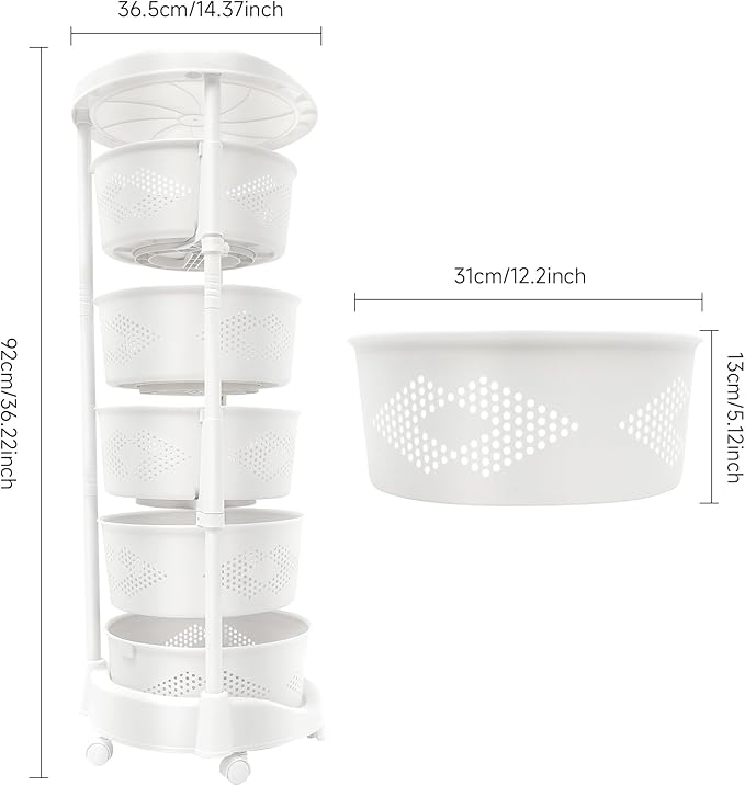 5 Tier Rotating Kitchen Storage Basket Rack Storage Shelf Cart Fruit Vegetable Organizer with Casters Rolling Multi-Layer Round Bin Storage Space Saver for Home Household Grocery