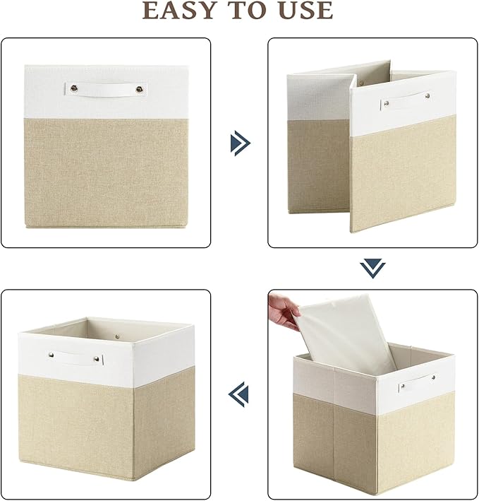 FinishingBo 13 x 13 Inch Fine Linen Storage Bins with Handles，Fabric Cube Boxs，Basket Organizers for Shelves for Home, Closet Drawers (White/Khaki-4 Pack)