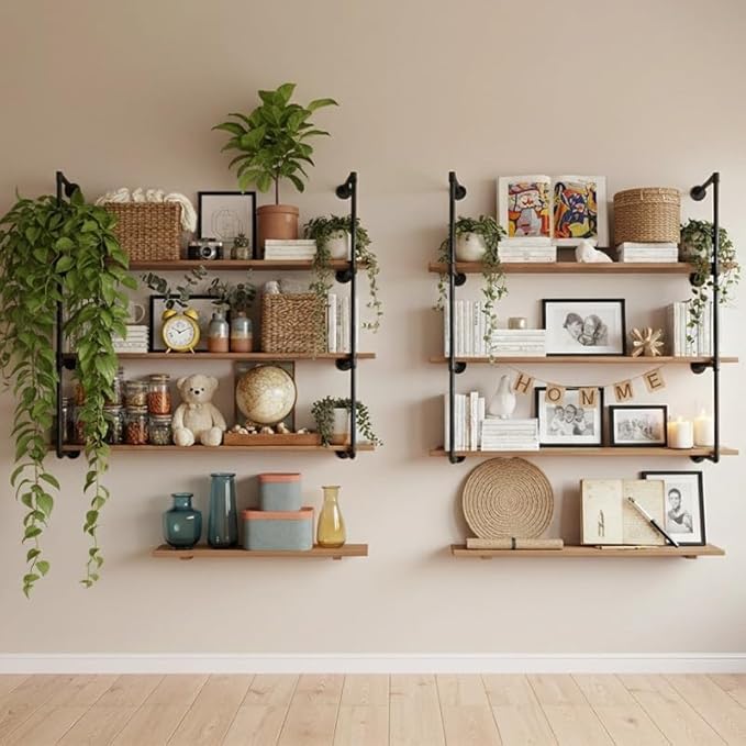 4-Tier Industrial Pipe Shelving Bracket System, Black Iron Wall Mount, DIY Rustic Farmhouse Style Storage Rack Brackets (No Planks)