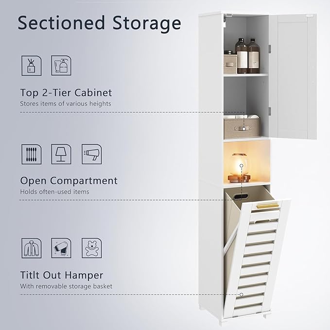 VECELO 66'' Tall Tilt Out Laundry Hamper Cabinet, Hidden Laundry Hamper with Removable Storage Basket, Open Shelf and Mirror, for Laundry Room Bathroom, White