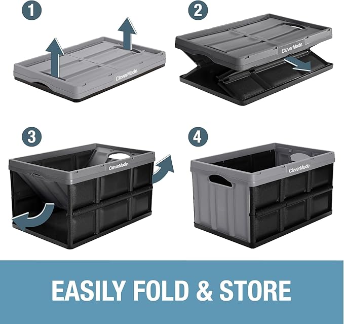 CleverMade Collapsible Storage Bins 46L (3-Pack) – Heavy Duty Collapsible Plastic Storage Bins, Stackable Folding Storage Bins for Car, Garage, Home Organization - Foldable Bins, Obsidian