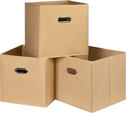 Black Fabric Cubby Storage Bins,13x13x13 Inches ,Cube Organizer Bin Foldable Storage Boxes with Dual Handles Fabric Organizer Box and collapsible Storage basket,Set of 3 ,Khaki