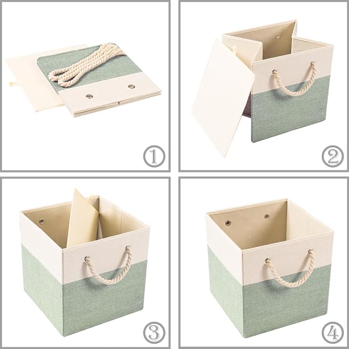 PRANDOM Large Foldable Cube Storage Bins 13x13 inch [4-Pack] Fabric Linen Storage Baskets Cubes Drawer with Cotton Handles Organizer for Shelves Nursery Closet Bedroom Beige/Green