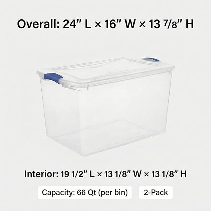 66 Qt Storage Bins with Lids, 2 Pack Large Clear Plastic Storage Containers with Secure Blue Latches, Stackable Clear Totes for Sports Equipment