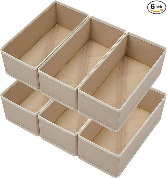 Bructhun Sock Drawer Organizer 6 Pack - Collapsible Fabric Storage Bins for Underwear Divider, Small Closet Organizers with 6 Compartments, Khaki