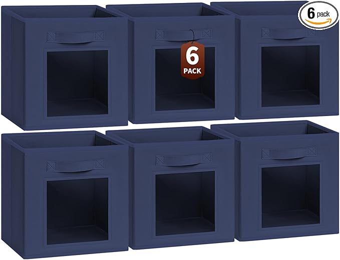 Homsorout Storage Cube 11 Inch - Cube Storage Bins with Window, Closet Storage Baskets with Handle, Fabric Bins for Closet, Shelves, Toys, Clothes, Set of 6, Navy Blue