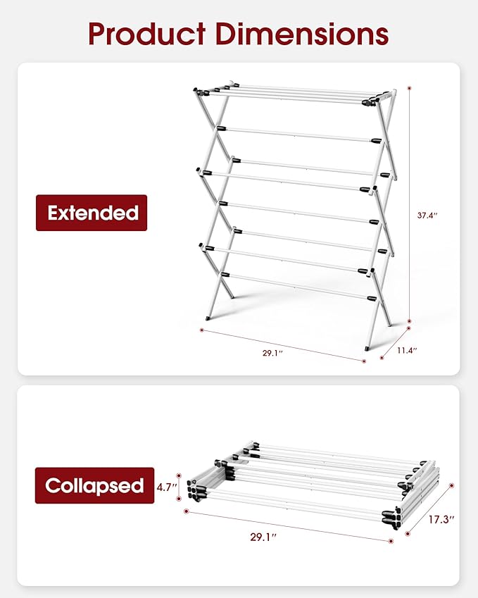 Sakugi Foldable Clothes Drying Rack – Metal Laundry Drying Rack with Non-Slip Feet, 3-Tier Space-Saving Clothing Rack for Organization, Indoor & Outdoor Use, 11.4"D x 29.1"W x 37.4"H, White and Black
