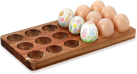 Acacia Wood Egg Holder for 18 Eggs, Rustic Countertop and Refrigerator Storage Tray, Farmhouse Kitchen Organizer with 1.5" Holes, Easy Clean Deviled Plates for Easter Decor,11.5" x 5.75" (1)