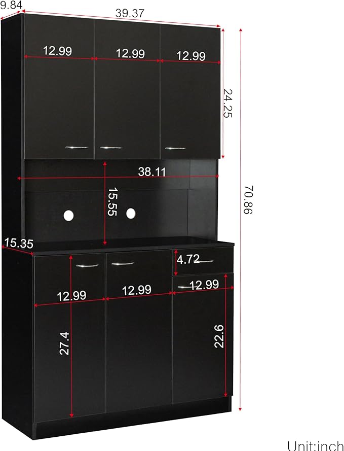 Modern Kitchen Pantry Cabinet, 70.86" Tall Freestanding Cupboard with Multi-Tier Storage Rack and Microwave Stand for Kitchen, Living Room,Black
