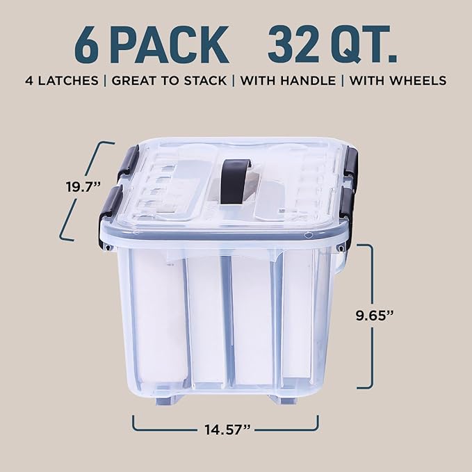 Lifemaster Stackable Storage Box Set - 6 Pieces 32 Quarts Multi-purpose, Space-Efficient Stackable Storage Boxes with Nestable Design, Secure Latches, Easy-Move Wheels & Pull-Out Base - Clear