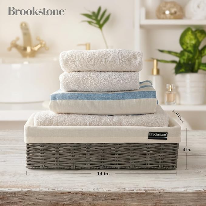 Brookstone Wicker Storage Basket Two Pack Set, Bathroom and Closet Organizers and Storage Bins with Fabric Liner, Grey