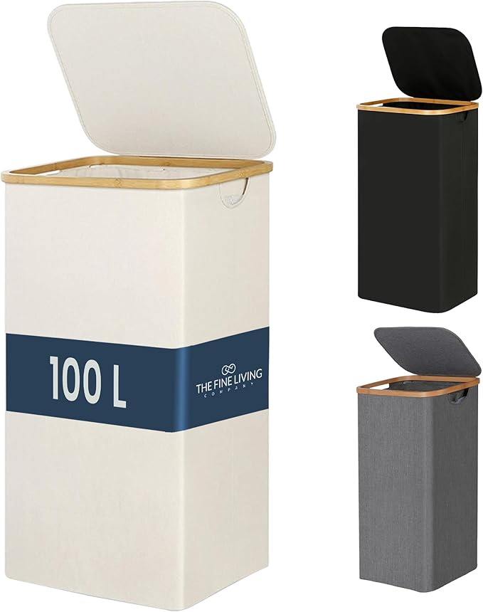 Fine Living 100L Large Laundry Hamper with Lid, Narrow Foldable Slim Laundry Basket with Removable Bag & Bamboo Handles, Skinny Tall Dirty Clothes Hamper for Dorm, Bathroom & Bedroom, Ivory