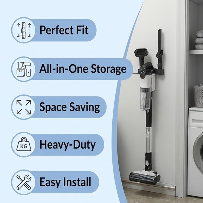 Wall Mount Storage Holder Organizer for Levoit LVAC-200 Cordless Vacuum,Space-Saving Accessory Docking Station Bracket for Extension Wand,Floor Brush&Crevice Tools,Stable&Compact,Easy Installation