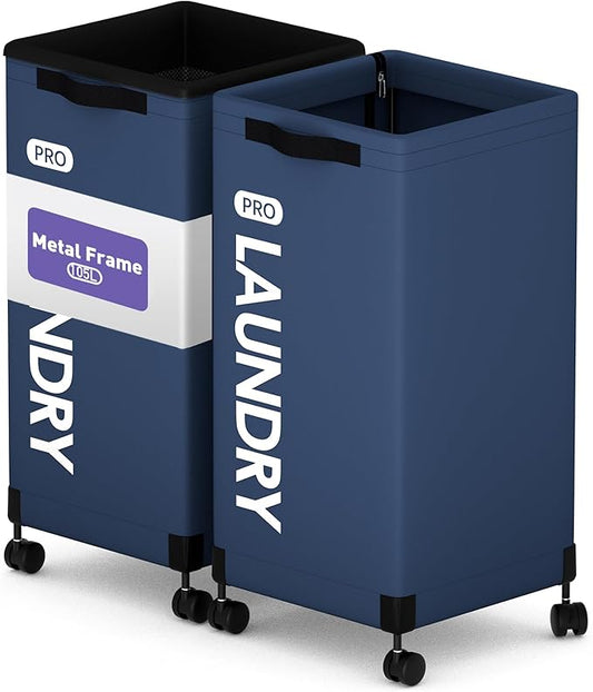 Caroeas Next-Gen 105L Matel Frame Laundry Basket with wheels, Heavy Duty Tall Rolling Laundry Hamper with Removable Wash Bag, Collapsible Freestanding Clothes Hamper (105L,Navy Blue,2Pack)
