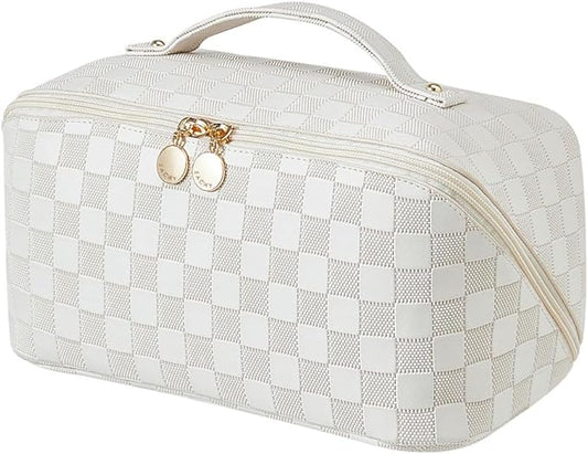 EACHY Travel Makeup Bag, Large Capacity Cosmetic Bag for Women, Waterproof PU Leather, Flat Open Portable Toiletry Bag for Skincare, Brushes & Travel Essentials