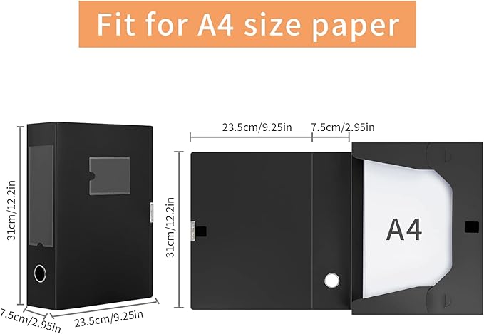 HUA JIE A4 Storage File Boxes Plastic Archives Cases with Lid, File Folder Organizer Document Filing Box for office,31×7.5×23.5 cm, Black(Pack of 8)