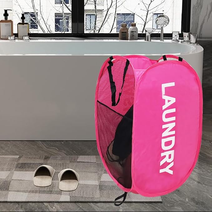 Larpur Pop Up Laundry Baskets, 2 Pack Mesh Laundry Hampers with Handles, Collapsible Clothes Hampers Mesh Basket for Home, Dorm, Travel (Gray + Pink)